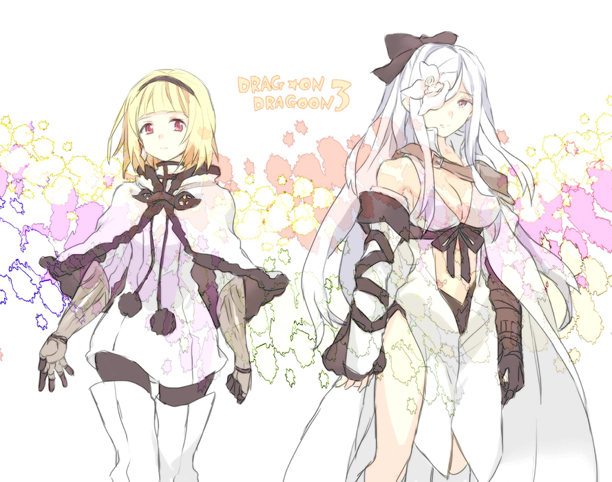 2girls, armor, bad_id, bad_pixiv_id, bare_shoulders, belt, blonde_hair, bob_cut, boots, bow, breasts, cape, capelet, cleavage, coat, copyright_name, detached_sleeves, drag-on_dragoon, drag-on_dragoon_3, english_text, flower, flower_eyepatch, flower_over_eye, gauntlets, gloves, hair_bow, hair_over_one_eye, hairband, hani_(udauda), long_hair, mechanical_arms, multiple_girls, navel, one_(drag-on_dragoon), pantyhose, pom_pom_(clothes), red_eyes, ribbon, short_cape, short_hair, siblings, simple_background, single_mechanical_arm, sisters, smile, standing, star_(symbol), thigh_boots, thighhighs, white_hair, zero_(drag-on_dragoon)