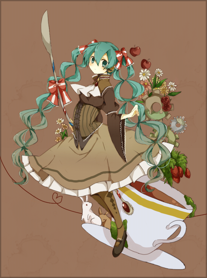 1girl, apple, bad_id, bad_pixiv_id, bow, chomachi, corset, cup