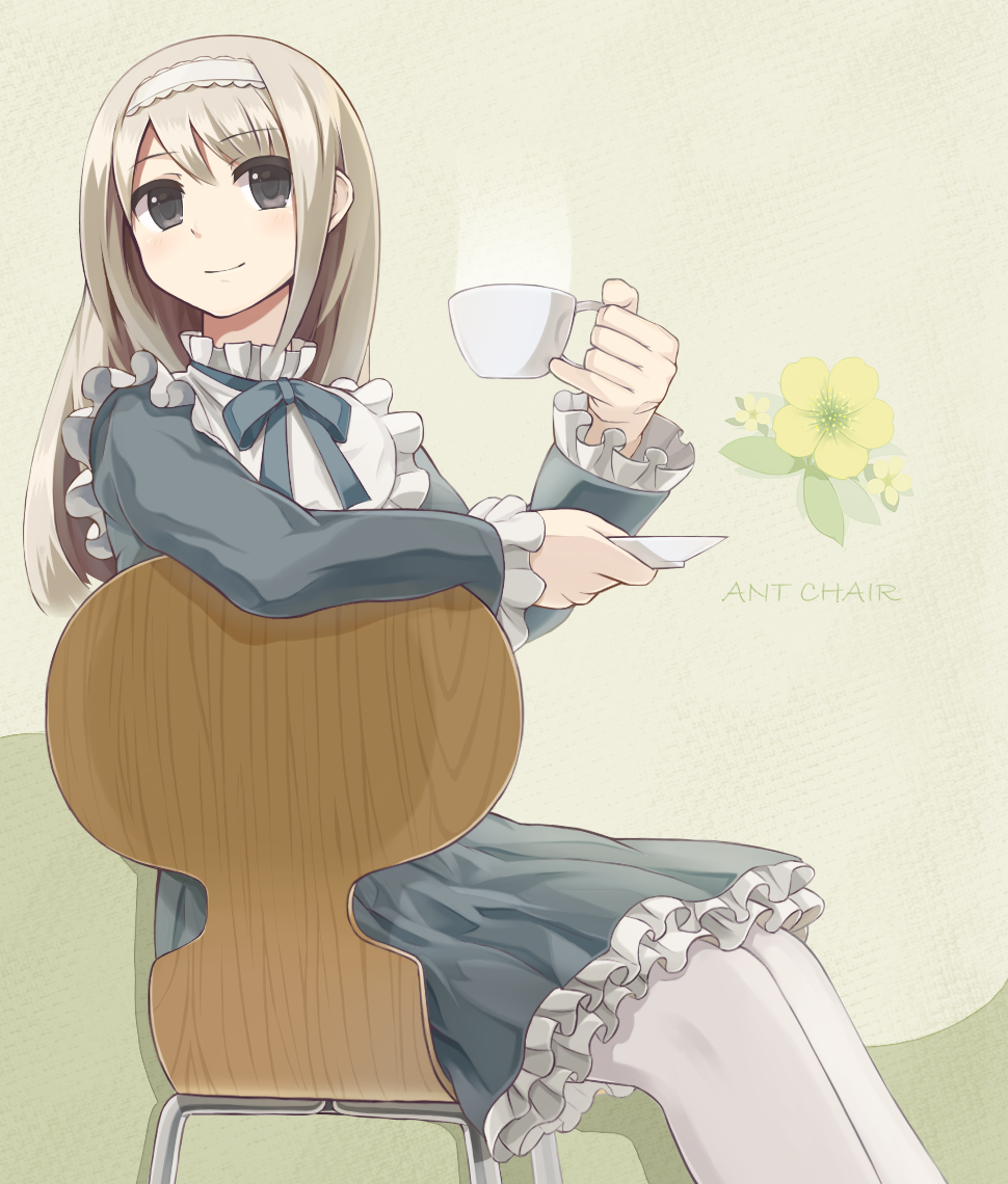 1girl, bad_id, bad_pixiv_id, black_eyes, brown_hair, chair, cup, dress