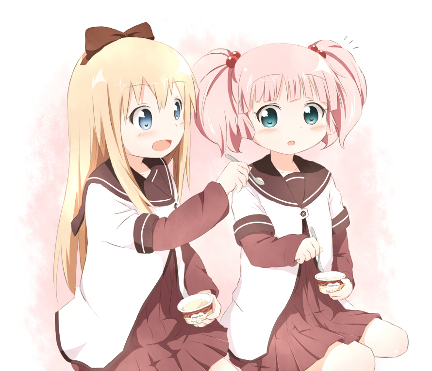 2girls, :d, araki495, blonde_hair, bow, hair_bobbles, hair_bow, hair_ornament