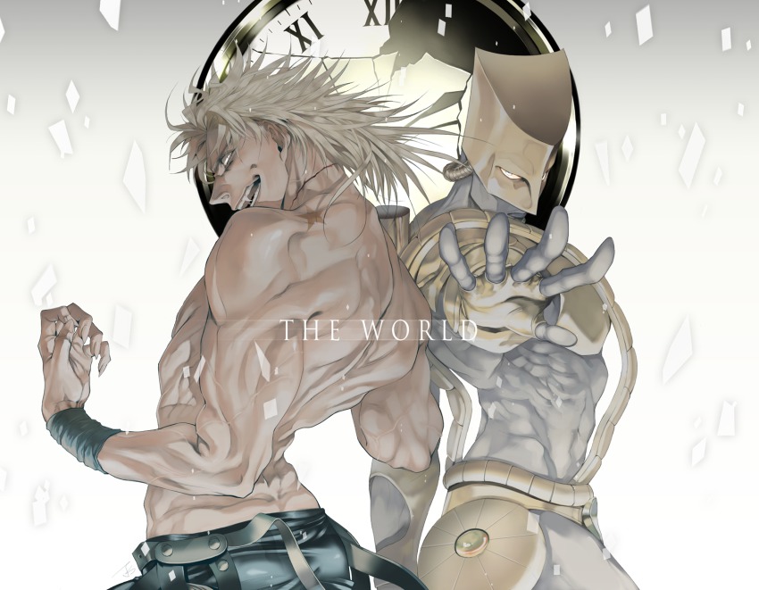 2boys, bad_id, bad_pixiv_id, blonde_hair, clock, ctkcave, dio_brando, highres, jojo_no_kimyou_na_bouken, male_focus, multiple_boys, red_eyes, stand_(jojo), the_world_(stand), topless_male