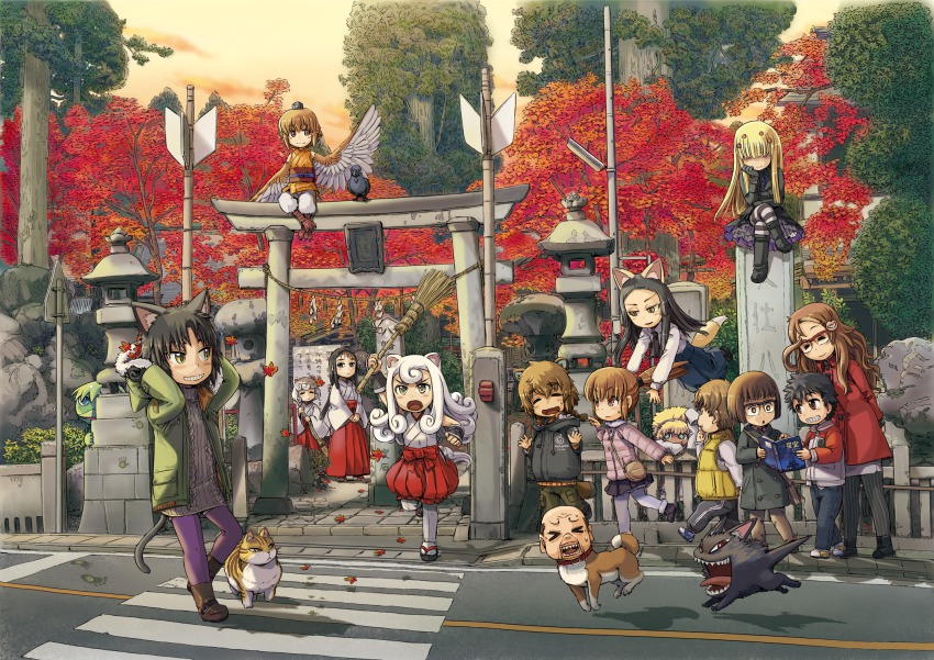 2boys, 6+girls, akaname_(neko_musume_michikusa_nikki), animal_ears, autumn, bamboo_broom, bird, black_hair