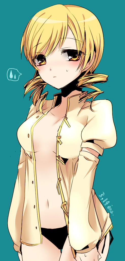 10s, 1girl, bad_id, bad_pixiv_id, blonde_hair, blush, detached_sleeves, drill_hair, female_focus, kanasaki, mahou_shoujo_madoka_magica, mahou_shoujo_madoka_magica_(anime), navel, open_clothes, open_shirt, panties, shirt, side-tie_panties, solo, sweatdrop, tomoe_mami, twin_drills, twintails, unbuttoned, underwear, yellow_eyes