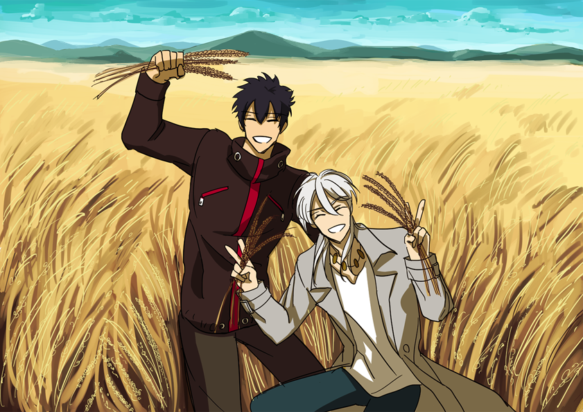 10s, 2boys, bad_id, bad_pixiv_id, black_hair, closed_eyes, jacket, jewelry