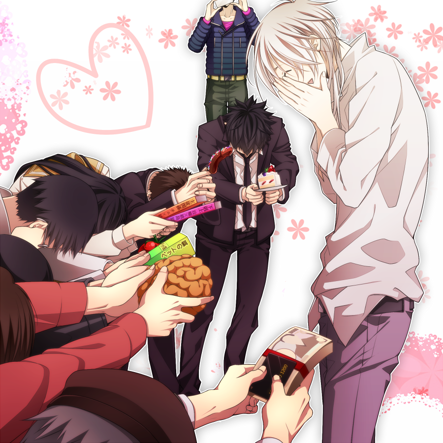 1girl, 6+boys, black_hair, book, brain, brown_hair, cake, choe_gu-sung, danshi_koukou_valentine_(meme), food, hat, heart, holding_brain, hoshiya_asua, kougami_shin'ya, makishima_shougo, meme, mido_masatake, money, multiple_boys, necktie, oryou_rikako, parody, psycho-pass, sasayama_mitsuru, senguji_toyohisa, short_hair, touma_kouzaburou, white_hair