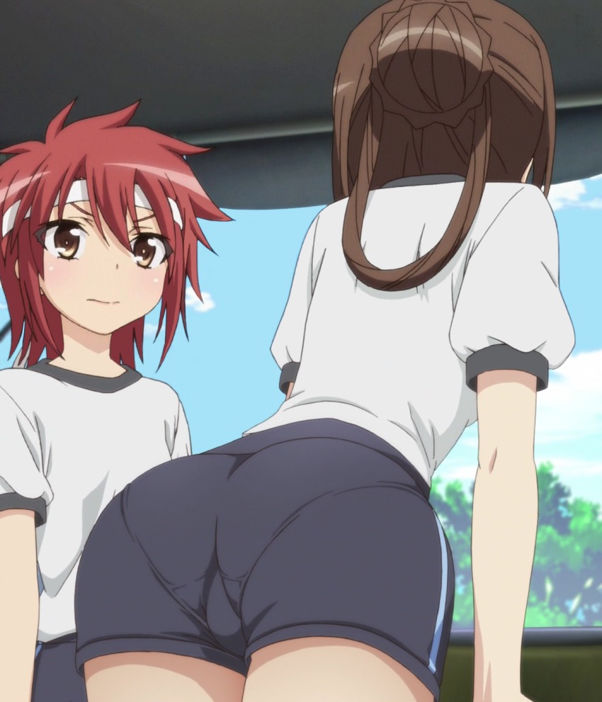 10s, anime_screenshot, ass, bandana, bent_over, blush, boku_wa_tomodachi_ga_sukunai, brown_hair, cameltoe, flat_chest, from_behind, gym_uniform, hidaka_hinata, highres, pantylines, red_hair, stitched, third-party_edit, trefoil, underwear, yusa_aoi