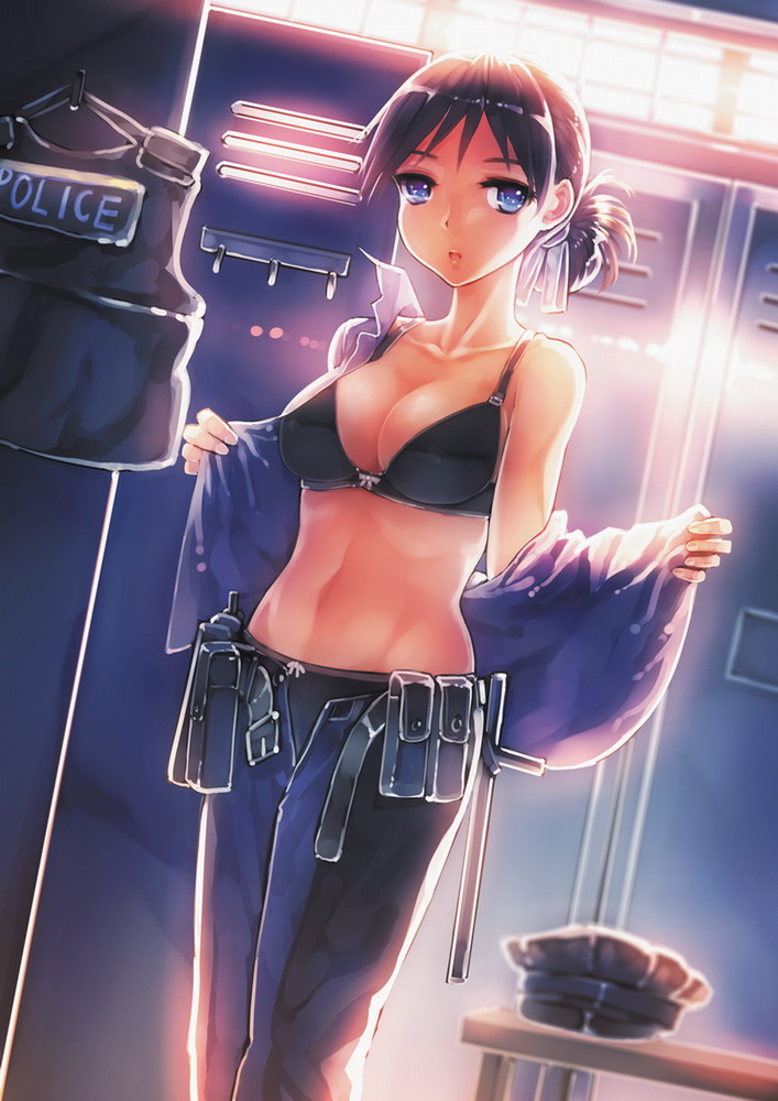 1girl, bad_id, bad_pixiv_id, baton, belt, black_bra, blue_eyes, bra, breasts, brown_hair, cleavage, female_focus, hat, kevlar, large_breasts, light_rays, locker, locker_room, open_belt, open_fly, pants, peaked_cap, police, police_uniform, policewoman, pouch, short_hair, siqi_(miharuu), solo, sunbeam, sunlight, underwear, undressing