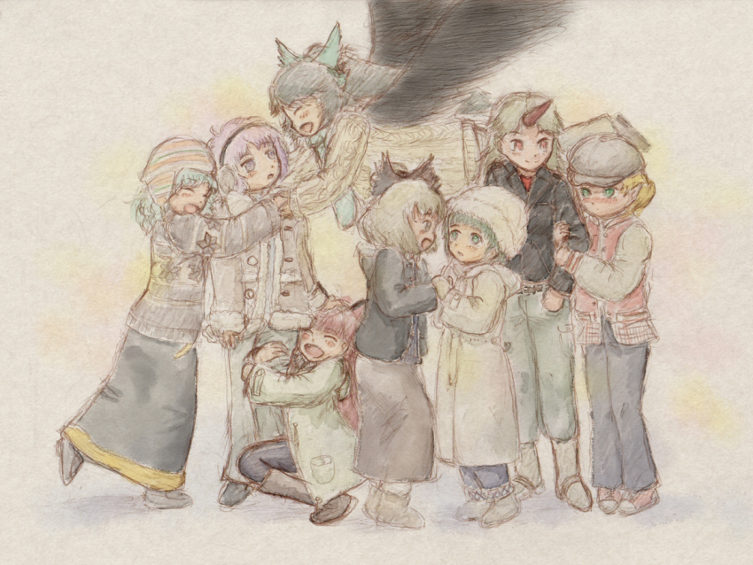 6+girls, beanie, casual, coat, female_focus, holding_hands, hat, hand_on_own_arm