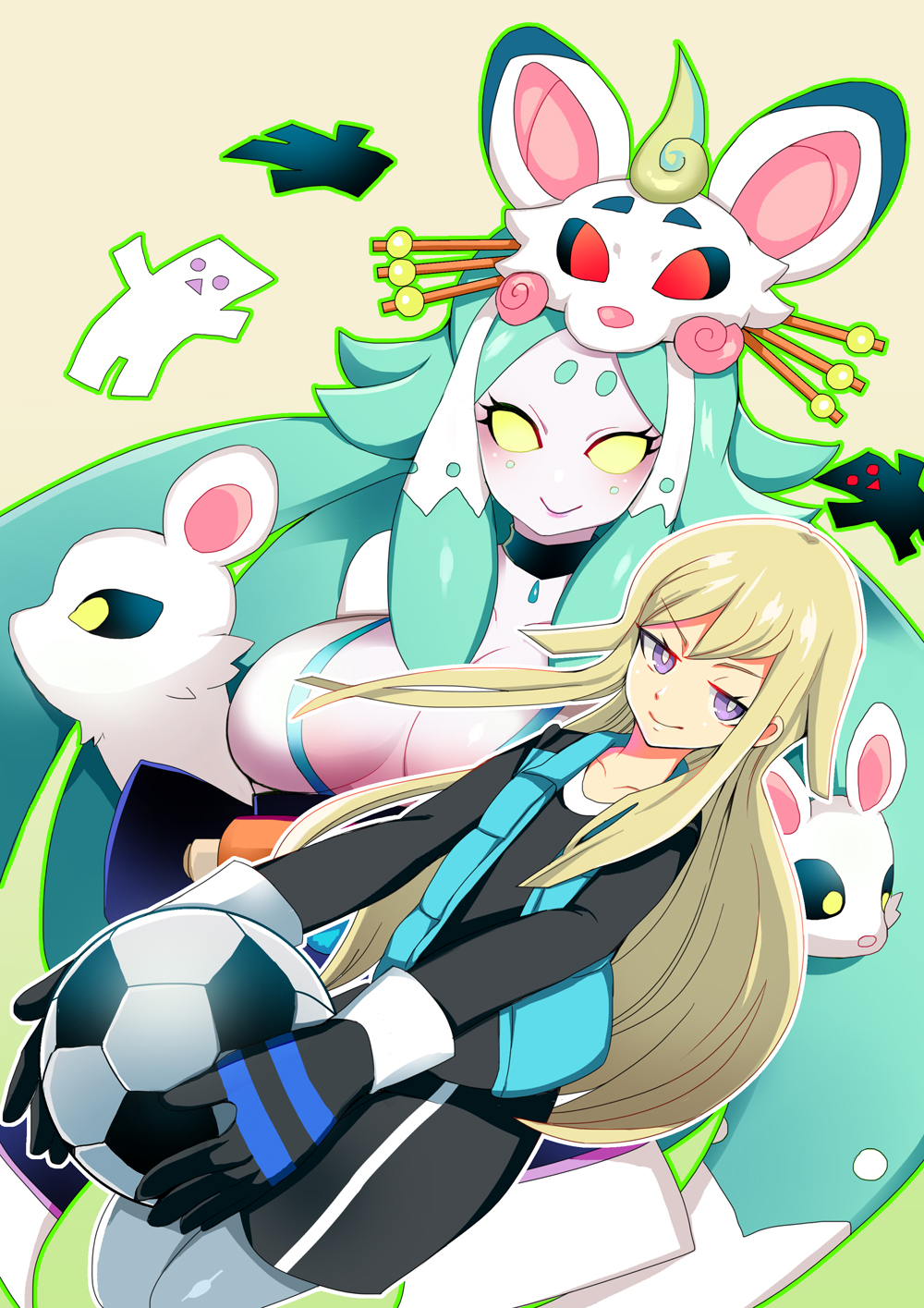 1boy, 1girl, bad_id, bad_pixiv_id, ball, blonde_hair, breasts, chetto