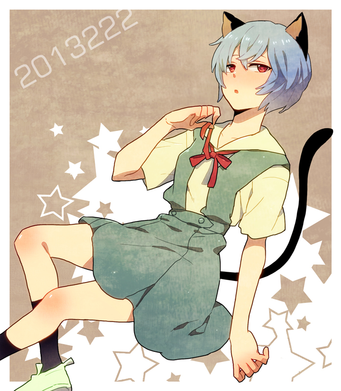 1girl, animal_ears, ayanami_rei, bad_id, bad_pixiv_id, blue_hair, cat_ears, cat_tail