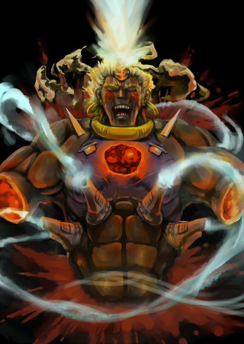 1boy, blind, blonde_hair, dark_skin, dark-skinned_male, facial_mark, hat, horns, jojo_no_kimyou_na_bouken, m7next, manly, scar, single_horn, wamuu, wind