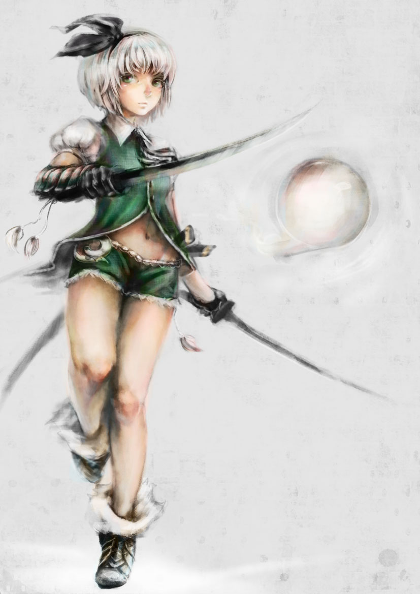 1girl, adapted_costume, bare_legs, denim, denim_shorts, dual_wielding, female_focus, full_body