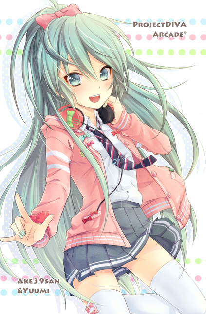 1girl, 39, female_focus, green_eyes, green_hair, hatsune_miku, hatsune_miku_(ribbon_girl), headphones