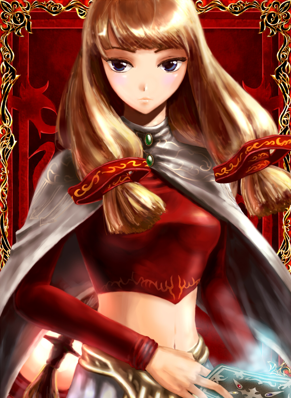 1girl, activision, aura, blonde_hair, blue_eyes, border, cape, card, female_focus, fromsoftware, highres, holding, holding_card, katia_(rune), long_hair, midriff, rune_(game), solo, tomatomatotto, very_long_hair