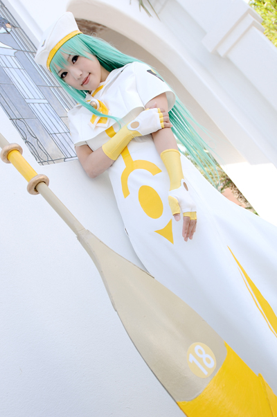 1girl, alice_carroll, alice_carroll_(cosplay), aria_(manga), blue_eyes, color_contacts, cosplay, dutch_angle