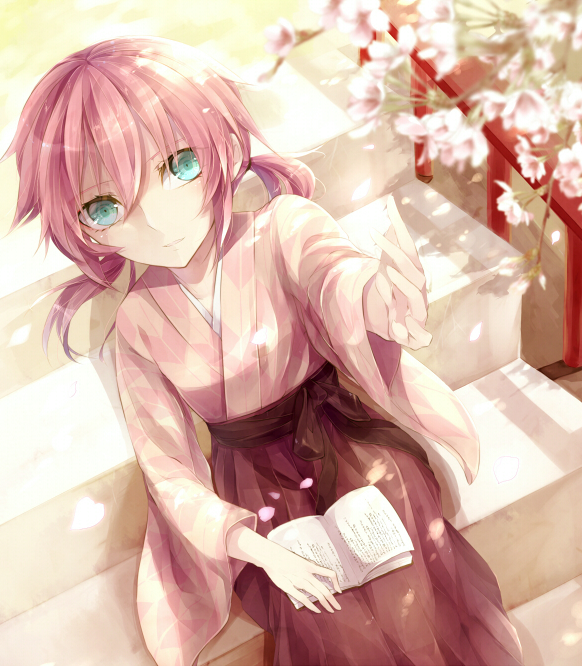 1boy, bad_id, bad_pixiv_id, book, cherry_blossoms, from_above, green_eyes, inazuma_eleven_(series)