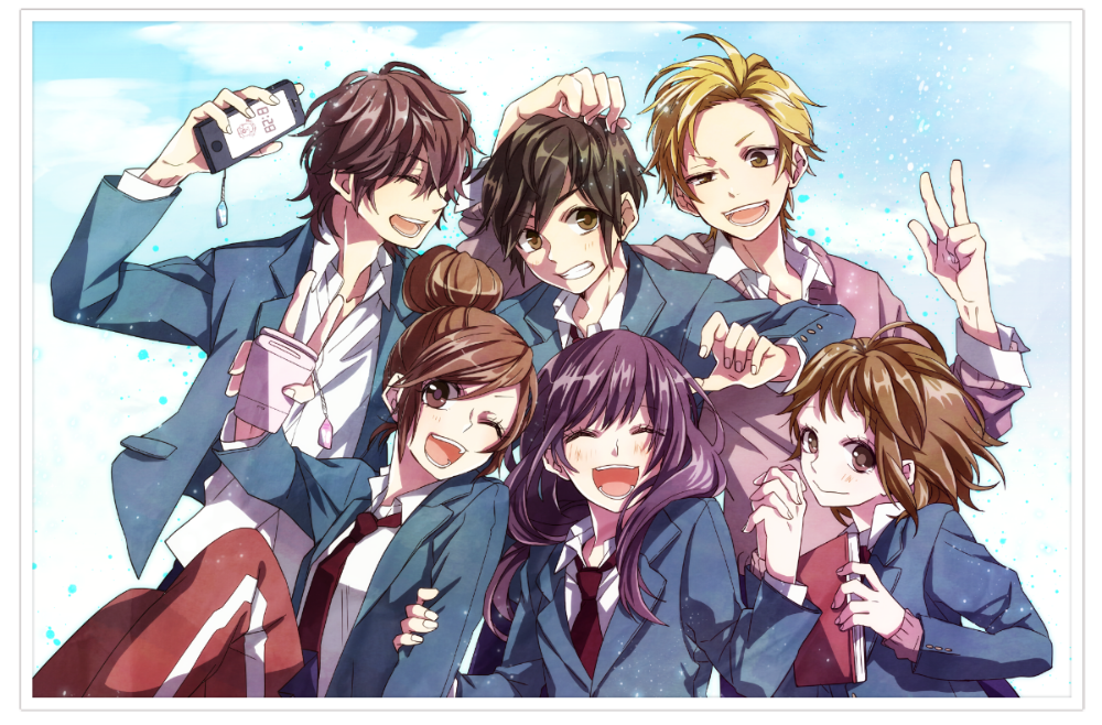 3boys, 3girls, aida_miou, blonde_hair, brown_eyes, brown_hair, cellphone, enomoto_natsuki, closed_eyes, hair_bun, happy, hatsukoi_no_ehon_(vocaloid), hayasaka_akari, holding_hands, kokuhaku_jikkou_iinkai, kokuhaku_yokou_renshuu_(vocaloid), mochizuki_souta, multiple_boys, multiple_girls, necktie, one_eye_closed, phone, purple_hair, school_uniform, serizawa_haruki, setoguchi_yuu, single_hair_bun, smile, vocaloid, wink, yakimochi_no_kotae_(vocaloid), yamako_(state_of_children)