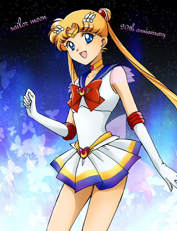 1990s_(style), 1girl, :d, anniversary, bishoujo_senshi_sailor_moon, bishoujo_senshi_sailor_moon_supers, blonde_hair, blue_background