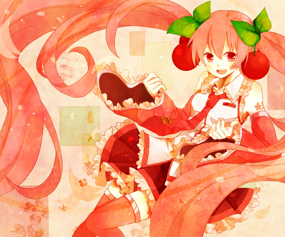 1girl, bad_id, bad_pixiv_id, cherry, detached_sleeves, female_focus, food, frills, fruit, hatsune_miku, long_hair, necktie, open_mouth, petals, red_eyes, red_hair, sakura_miku, sakurasou, skirt, solo, thighhighs, twintails, very_long_hair, vocaloid