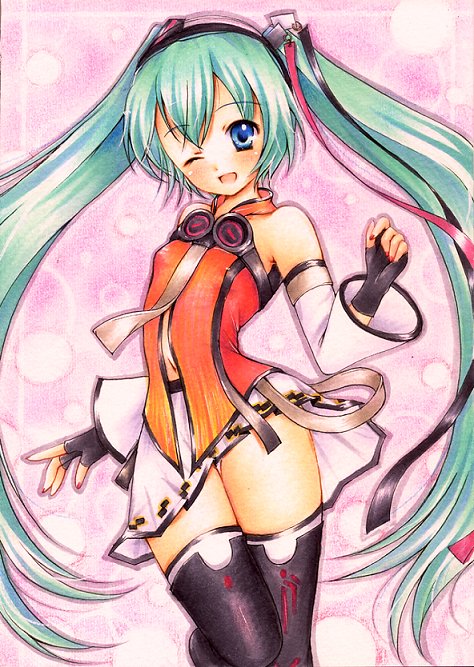 1girl, blue_eyes, detached_sleeves, female_focus, fingerless_gloves, freely_tomorrow_(vocaloid), gloves, green_hair