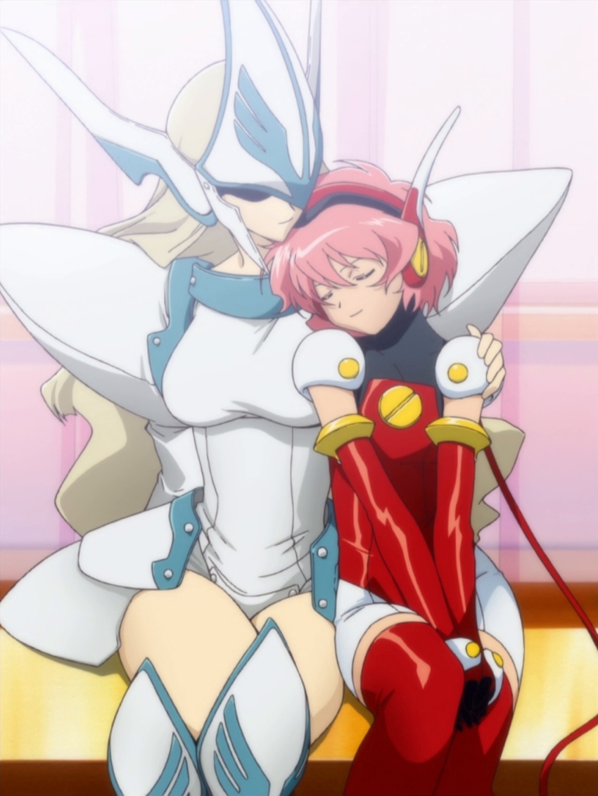 2girls, angelic_layer, anime_screenshot, armor, athena_(angelic_layer), blonde_hair, crossed_legs, cuddling, elbow_gloves, gloves, highres, hikaru_(angelic_layer), leotard, long_hair, mother_and_child, mother_and_daughter, multiple_girls, parent_and_child, pink_hair, red_leotard, robot_ears, short_hair, sitting, stitched, thighhighs, third-party_edit