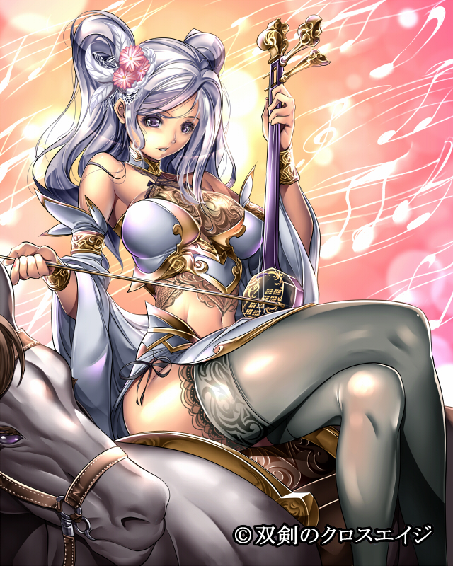 1girl, breasts, crossed_legs, detached_sleeves, female_focus, flower, grey_thighhighs, hair_flower, hair_ornament, horse, instrument, jewelry, lace, lace-trimmed_legwear, lace_trim, large_breasts, legs, long_hair, long_legs, looking_at_viewer, lots_of_jewelry, musical_note, purple_eyes, saburou_(hgmg), silver_hair, sitting, solo, souken_no_cross_age, thighhighs, thighs, twintails