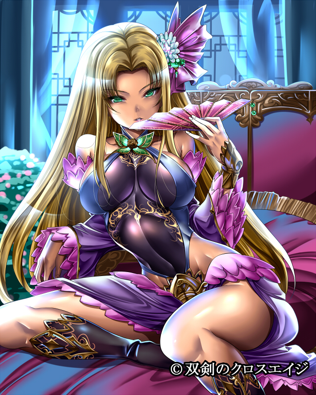 1girl, blonde_hair, breasts, female_focus, green_eyes, hair_ornament, hand_fan, jewelry, large_breasts, long_hair, saburou_(hgmg), sitting, solo, souken_no_cross_age