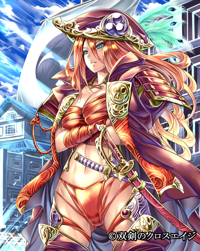 1girl, blue_eyes, breasts, feathers, female_focus, hat, large_breasts, long_hair