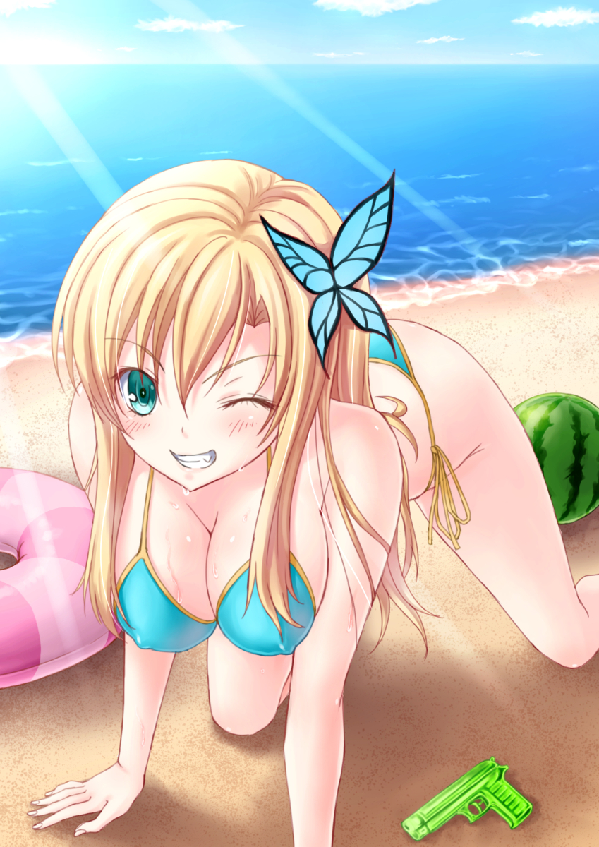 10s, 1girl, all_fours, beach, bikini, blonde_hair, blue_bikini, blue_eyes