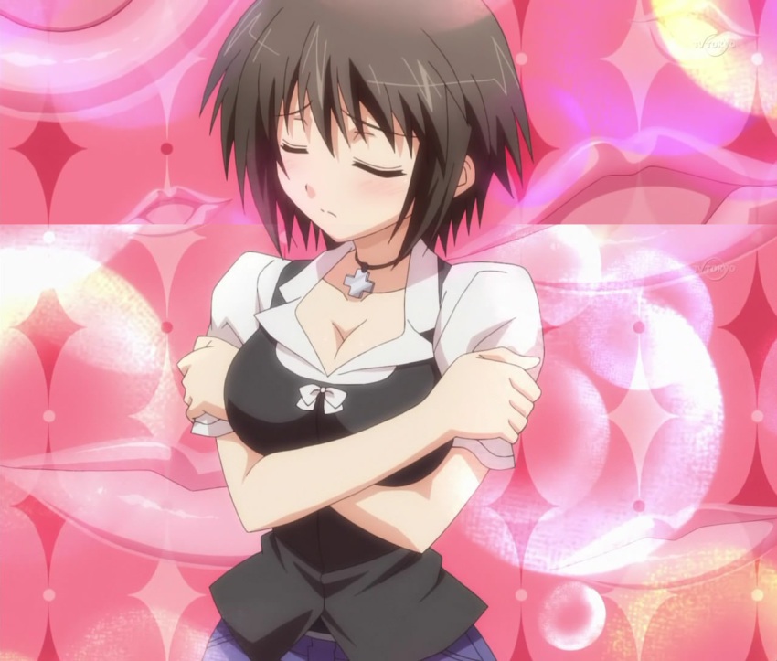 baka_to_test_to_shoukanjuu, black_hair, blush, breasts, cleavage, cross, crossed_arms, heart