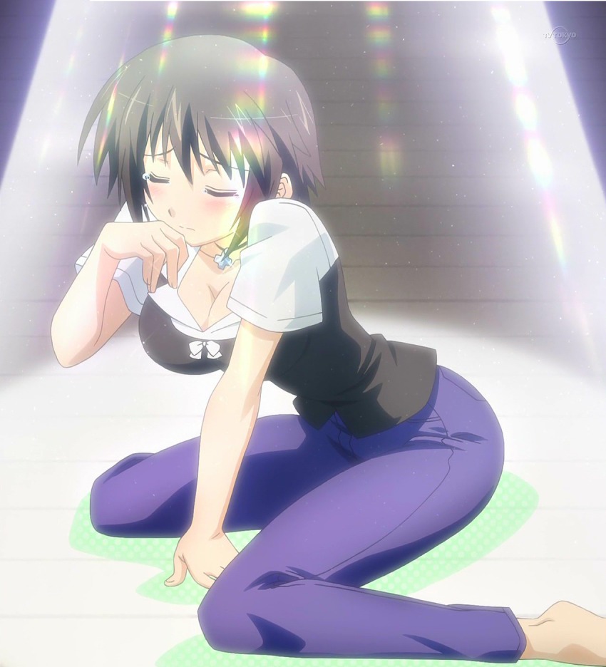 baka_to_test_to_shoukanjuu, black_hair, blush, breasts, cleavage, highres, huge_breasts, lens_flare