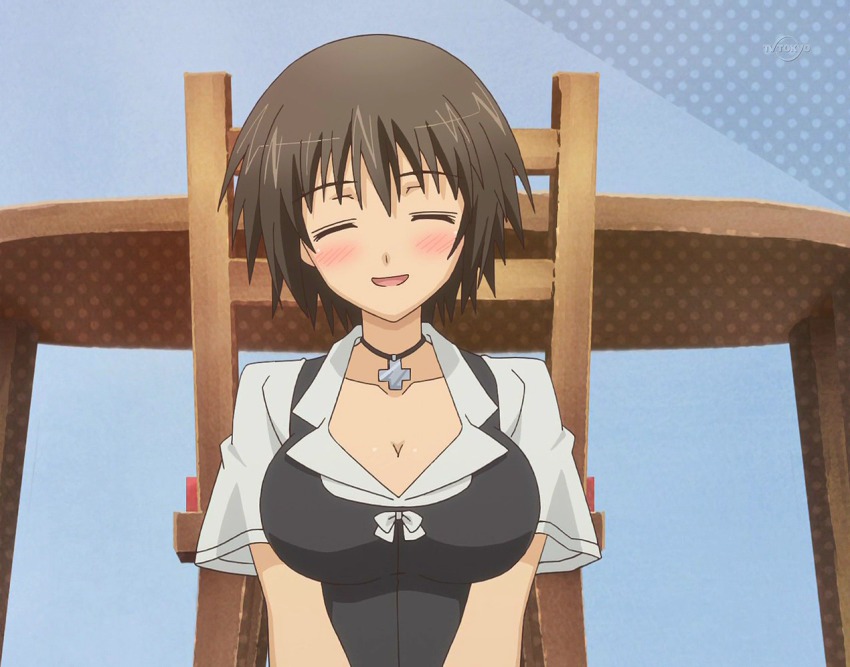 baka_to_test_to_shoukanjuu, black_hair, blush, breasts, cleavage, closed_eyes, huge_breasts, smile