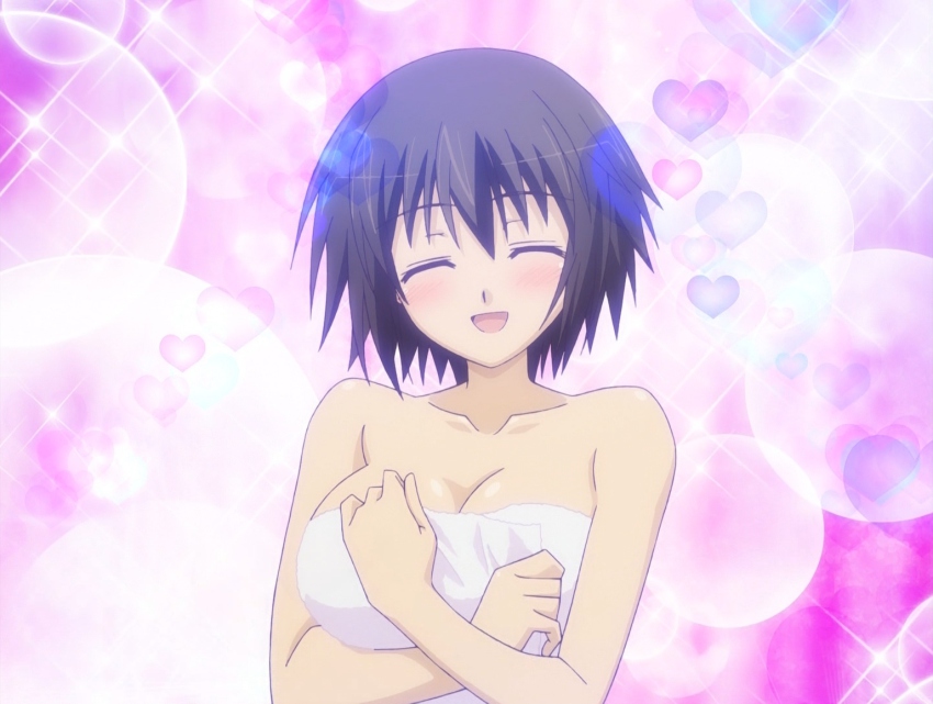 baka_to_test_to_shoukanjuu, bare_shoulders, black_hair, breasts, cleavage, heart, huge_breasts, naked_towel