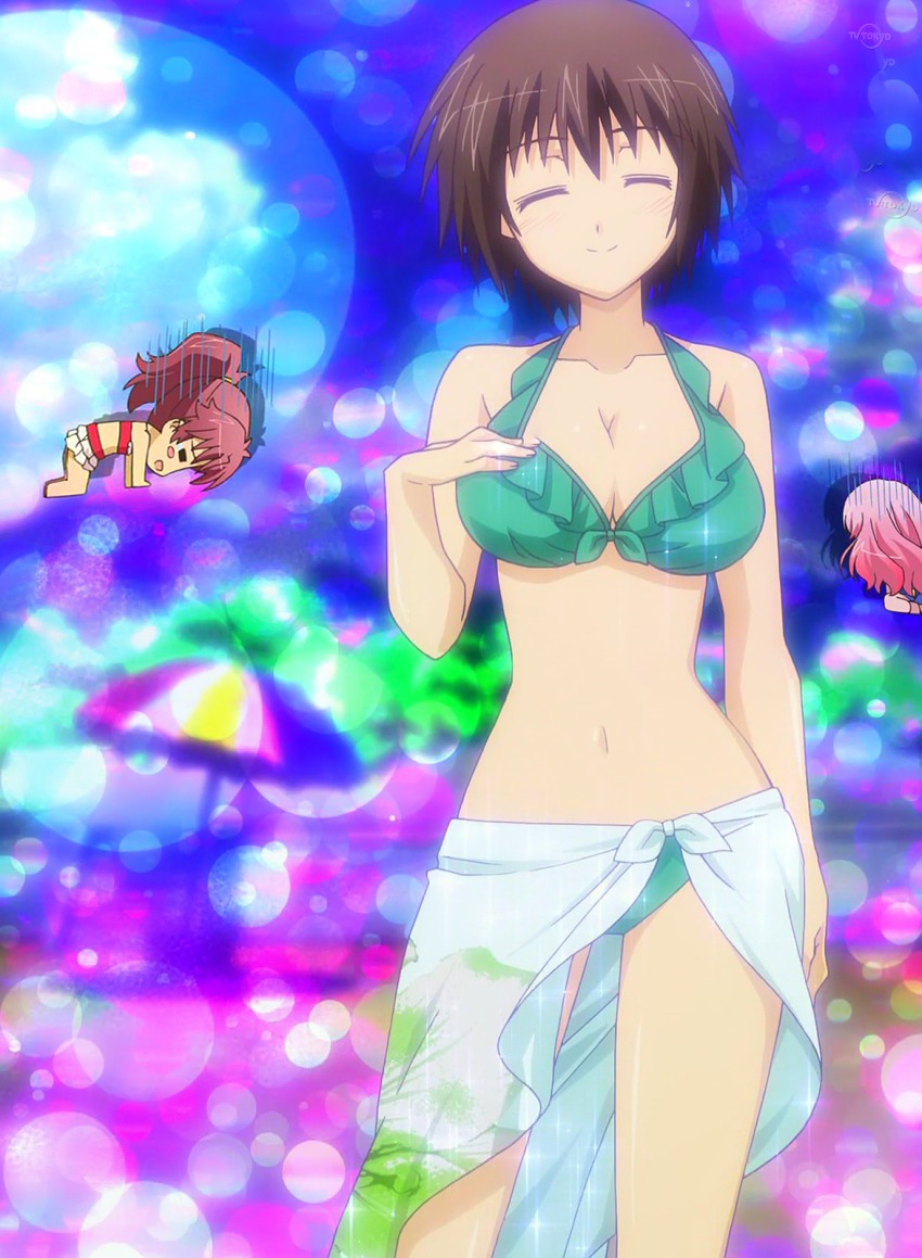 3girls, anime_screenshot, baka_to_test_to_shoukanjuu, bikini, black_hair, breast_envy, breasts, chibi