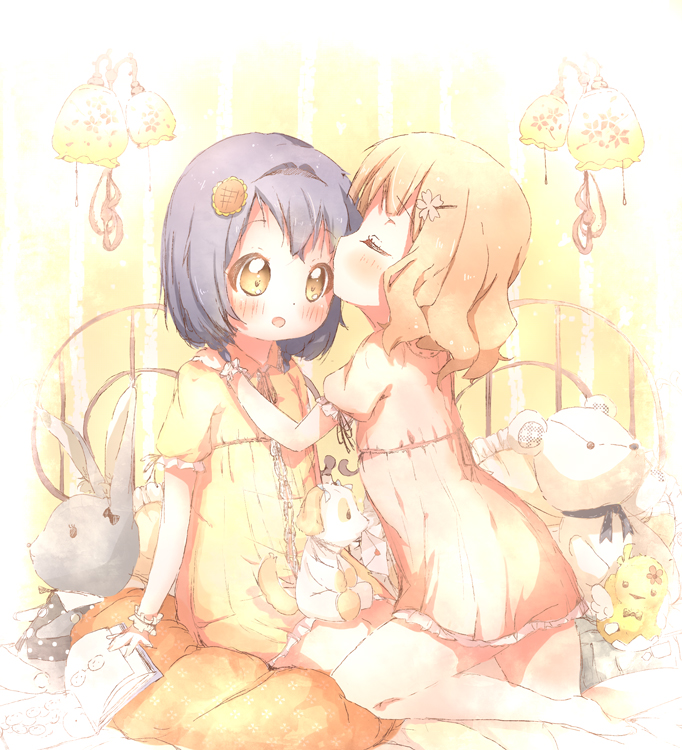 2girls, :d, bad_id, bad_pixiv_id, bed, blonde_hair, blue_hair, child, closed_eyes, flower, kissing_forehead, furutani_himawari, hair_flower, hair_ornament, hairband, kiss, kuma_(happylocation), multiple_girls, nightgown, oomuro_sakurako, open_mouth, sitting, smile, stuffed_animal, stuffed_rabbit, stuffed_toy, teddy_bear, yuri, yuruyuri