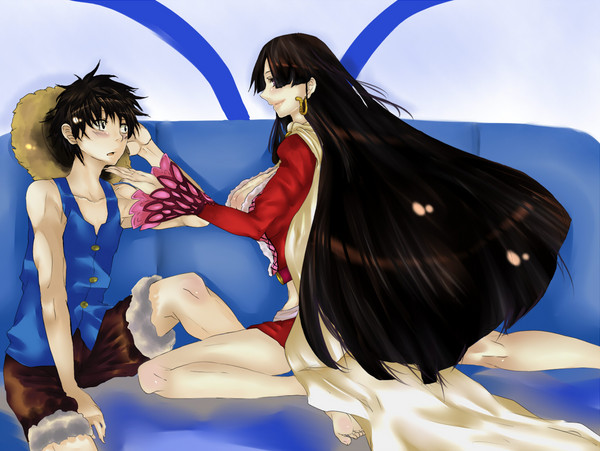 1boy, 1girl, black_hair, blue_upholstery, blush, boa_hancock, breasts, cleavage, couch, image_sample, impel_down, large_breasts, long_hair, mikan_(tripletriple), monkey_d._luffy, one_piece, open_mouth, pixiv_sample, resized, sitting, smile, vest