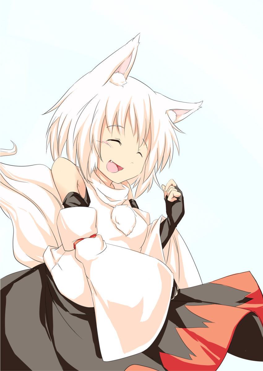 1girl, animal_ears, detached_sleeves, fang, female_focus, happy, highres, inubashiri_momiji