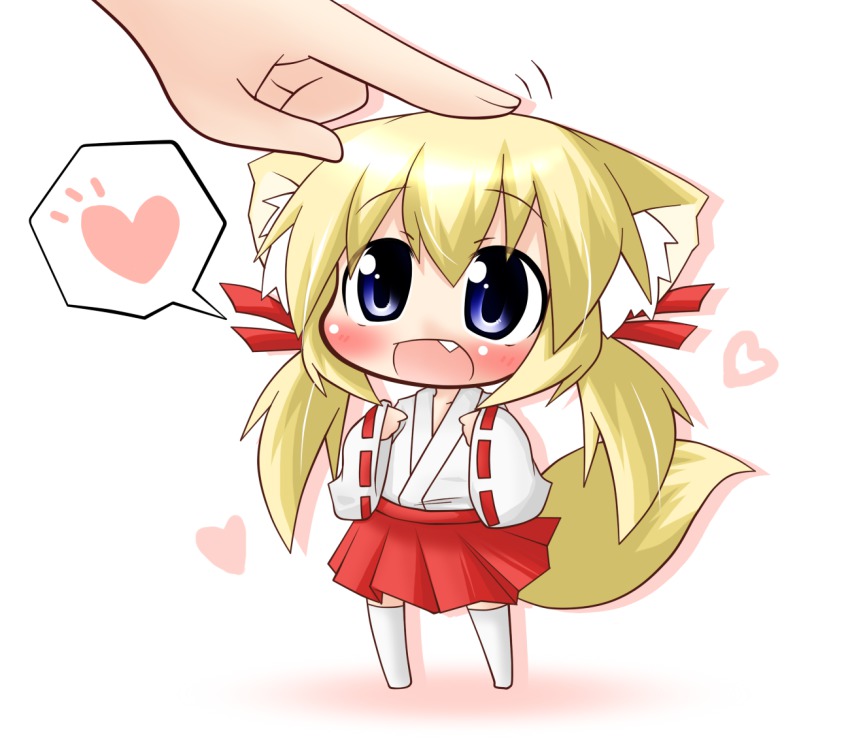 1girl, animal_ears, blonde_hair, blue_eyes, blush, chibi, fang, fox_ears, fox_tail, hair_ribbon, hakama, hakama_skirt, headpat, heart, japanese_clothes, koyomi_(shinshia), miko, open_mouth, original, red_hakama, ribbon, shadow, shinshia, skirt, solo_focus, spoken_heart, tail, thighhighs, twintails, white_thighhighs