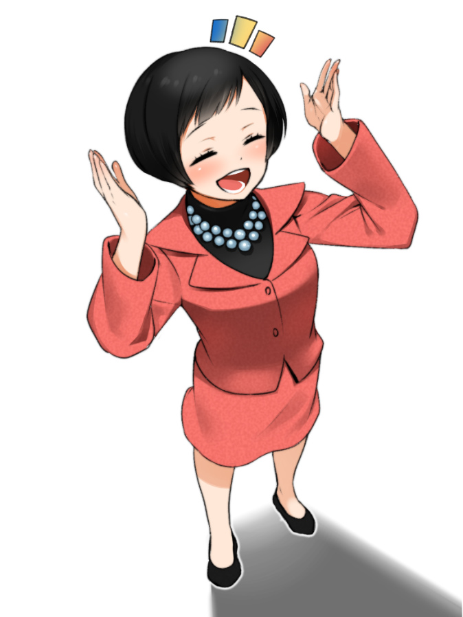 1girl, :d, ^^^, ^_^, agemono, animification, arms_up, bad_id, bad_pixiv_id, beads, black_hair, blush, bob_cut, buttons, closed_eyes, female_focus, formal_clothes, from_above, full_body, happy, hisamoto_masami, jacket, jewelry, meme, necklace, office_lady, open_mouth, pencil_skirt, shadow, shoes, simple_background, skirt, skirt_suit, smile, soka_gakkai_international, solo, standing, suit, turtleneck, white_background