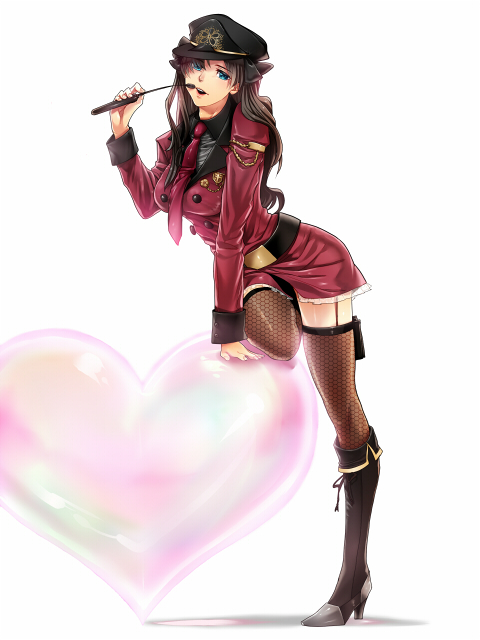 1girl, bad_id, bad_pixiv_id, black_thighhighs, blue_eyes, boots, brown_hair, fate/stay_night, fate_(series), female_focus, fishnets, gloves, hat, heart, high_heels, knee_boots, military, military_uniform, mitsuki_mitsuno, peaked_cap, riding_crop, shoes, solo, switch, thighhighs, tohsaka_rin, two_side_up