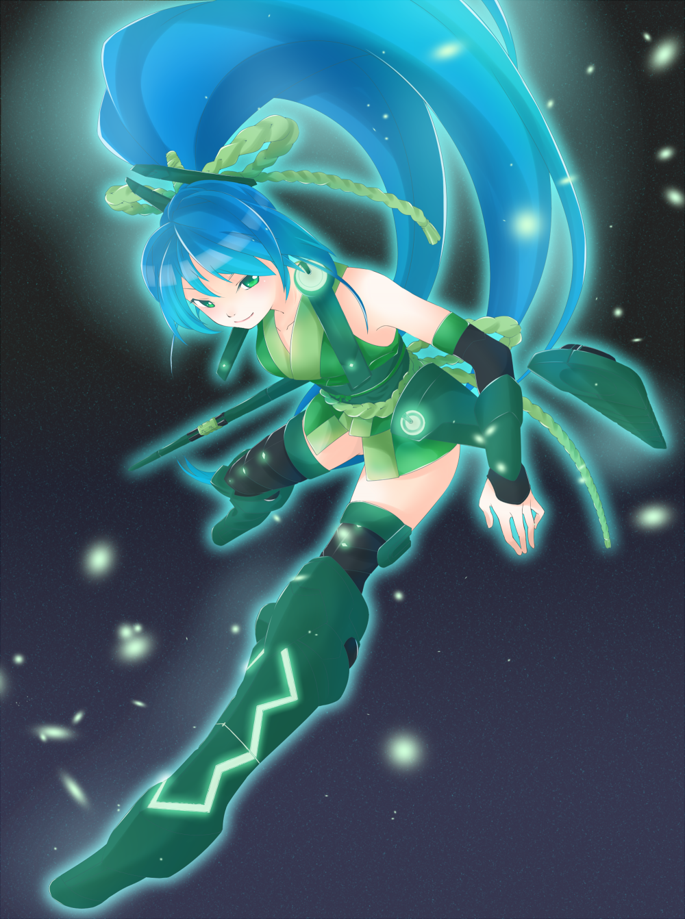 1girl, aqua_hair, armor, bad_id, bad_pixiv_id, bare_shoulders, female_focus, glowing, greaves, green_eyes, highres, long_hair, ponko, ponytail, solo, thighhighs, vividgreen, vividred_operation, weapon