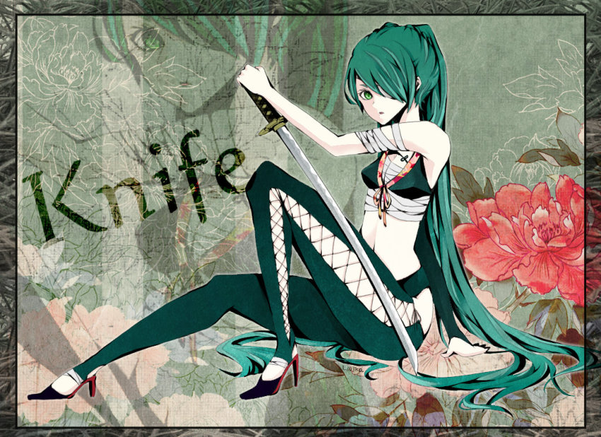1girl, arm_support, copyright_name, female_focus, green_eyes, green_hair, hair_over_one_eye, hatsune_miku