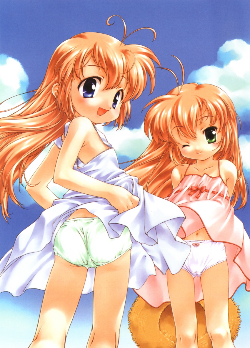 2girls, absurdres, antenna_hair, ass, blue_eyes, blue_panties, bow, bow_panties, brown_hair, child, dress, green_eyes, green_panties, hajimete_no_orusuban, hat, highres, looking_back, mizuki_saori, mizuki_shiori, multiple_girls, panties, siblings, sisters, standing, straw_hat, studio_ring, twins, underwear, white_panties, wind, wind_lift, wink