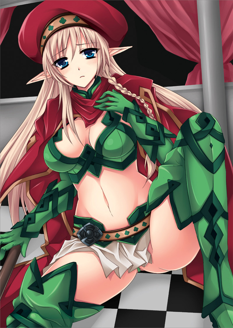 1girl, alleyne_(queen's_blade), armor, beret, bikini_armor, blonde_hair, blue_eyes, blush, boots, braid, breasts, cape, cleavage, elbow_gloves, elf, female_focus, fighting_master_alleyne, frown, gloves, green_boots, hat, large_breasts, legs, long_hair, looking_at_viewer, md5_mismatch, midriff, miniskirt, panties, pointy_ears, queen's_blade, side_braid, single_braid, skirt, solo, spread_legs, thigh_boots, thighhighs, thighs, tokonaru, underwear, upskirt