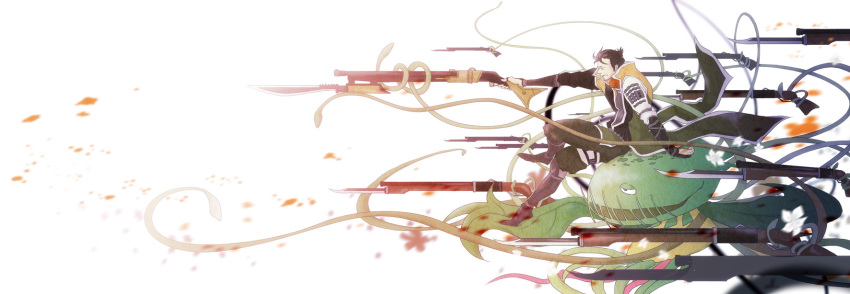 1boy, bad_id, bad_pixiv_id, bayonet, black_hair, brown_eyes, carnivine, facial_hair