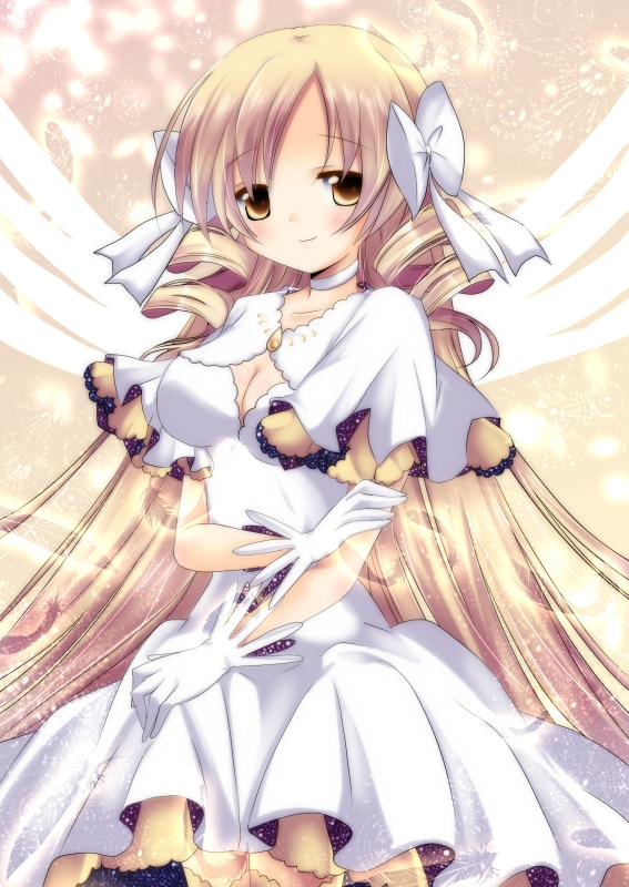1girl, alternate_hair_length, alternate_hairstyle, bad_id, bad_pixiv_id, blush, bow, breasts, choker, cleavage, cleavage_cutout, clothing_cutout, cosplay, dress, drill_hair, feathers, female_focus, frills, gloves, hair_bow, kaname_madoka, long_hair, mahou_shoujo_madoka_magica, mahou_shoujo_madoka_magica_(anime), sakura_romu, smile, solo, sparkle, star_(sky), tomoe_mami, twin_drills, two_side_up, ultimate_madoka, ultimate_madoka_(cosplay), very_long_hair