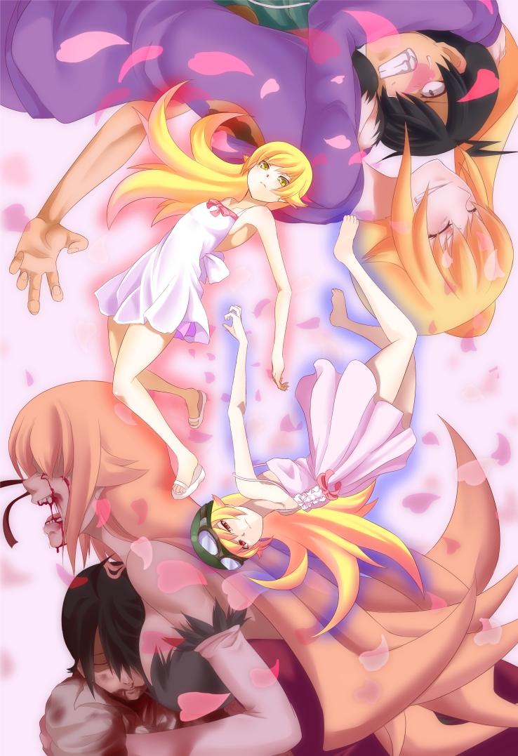 1boy, 1girl, araragi_koyomi, bare_shoulders, black_hair, blonde_hair, blood, elbow_gloves, geeyaa, gloves, goggles, ha_akabouzu, helmet, kiss-shot_acerola-orion_heart-under-blade, long_hair, monogatari_(series), oshino_shinobu, red_eyes, yellow_eyes