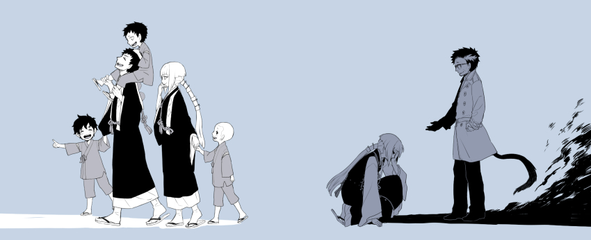 1girl, 5boys, ao_no_exorcist, black_hair, carrying, coat, dual_persona, glasses