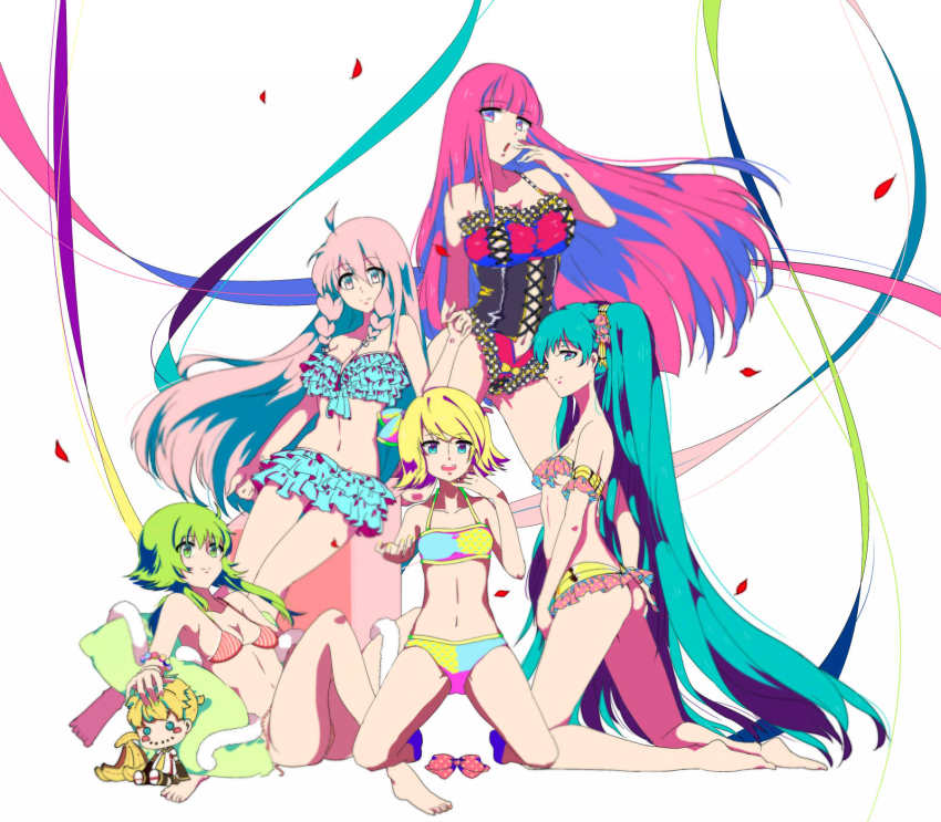 5girls, ahoge, anime_coloring, bikini, blonde_hair, blue_eyes, blue_hair, bow, breasts, character_doll, cleavage, corset, doll, female_focus, green_eyes, green_hair, gumi, hand_on_ass, hatsune_miku, highres, ia_(vocaloid), ifuudoudou_(vocaloid), kagamine_len, kagamine_rin, kneeling, large_breasts, long_hair, megurine_luka, multiple_girls, navel, pianzu_mao, pillow, pink_eyes, pink_hair, reclining, short_hair, small_breasts, standing, swimsuit, underboob, very_long_hair, vocaloid