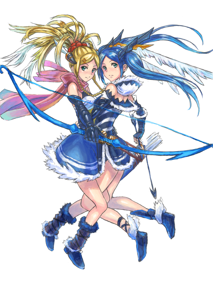 2girls, absurdres, arm_around_another's_waist, arrow_(projectile), bare_shoulders, blonde_hair, blue_eyes, blue_hair